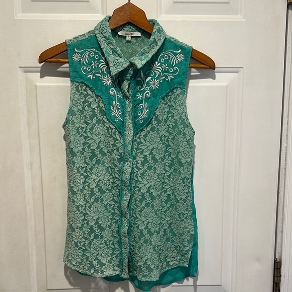 Miss Me Tops - Miss Me Sheer Lace Sleeveless Button Up Top